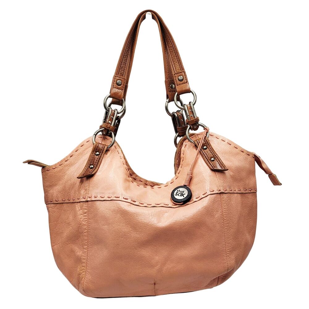 The Sak Pink Coral Salmon Leather Slouch Silhouette Hobo Handbag Stitched Detail